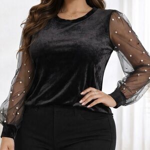 Chic Black Velvet Blouse with Sheer Pearl Sleeves